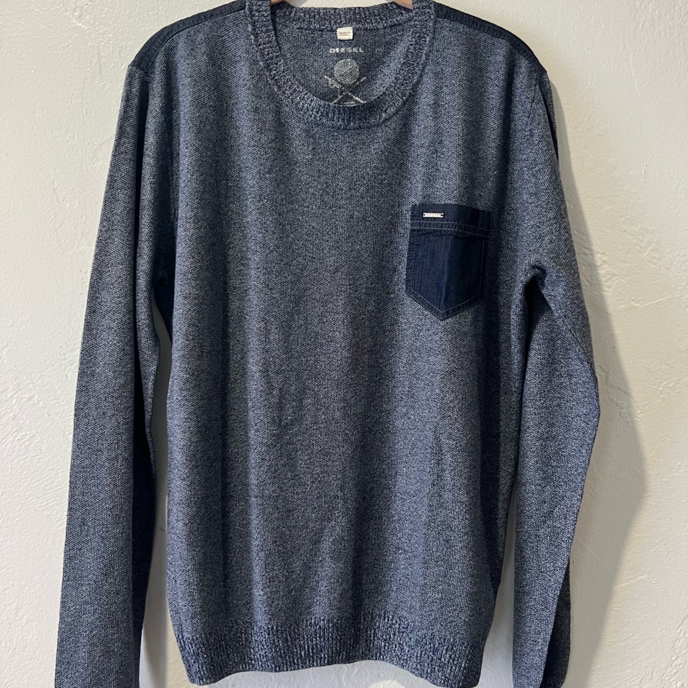 Diesel K-Bharati linen blend crewneck sweater a navy/dark grey chest pocket XL